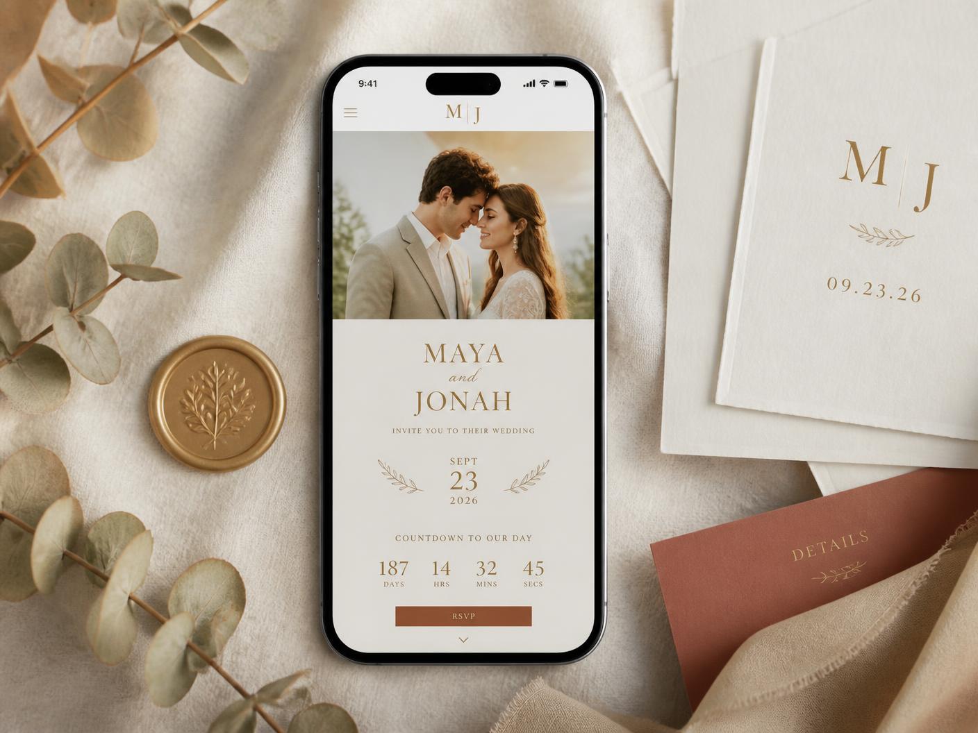 Invitación de boda digital abierta en un celular, junto a papelería de lino y un sello de cera dorado
